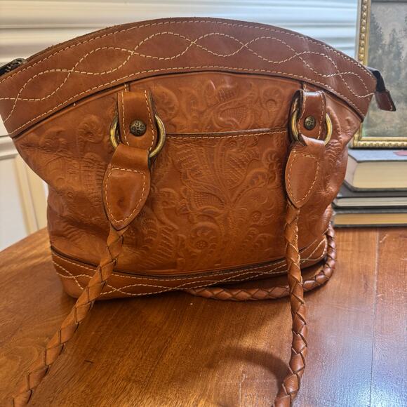 Patricia Nash Zamora Tooled Leather Tote Brown Braided Handles faux suede lined - Picture 3 of 9